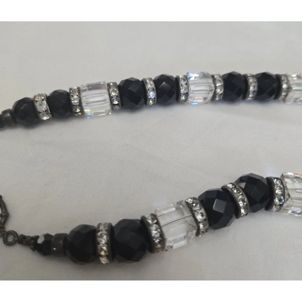 Black Clear Faceted Glass Beaded‎ Necklace Rhinestone Spacers 18